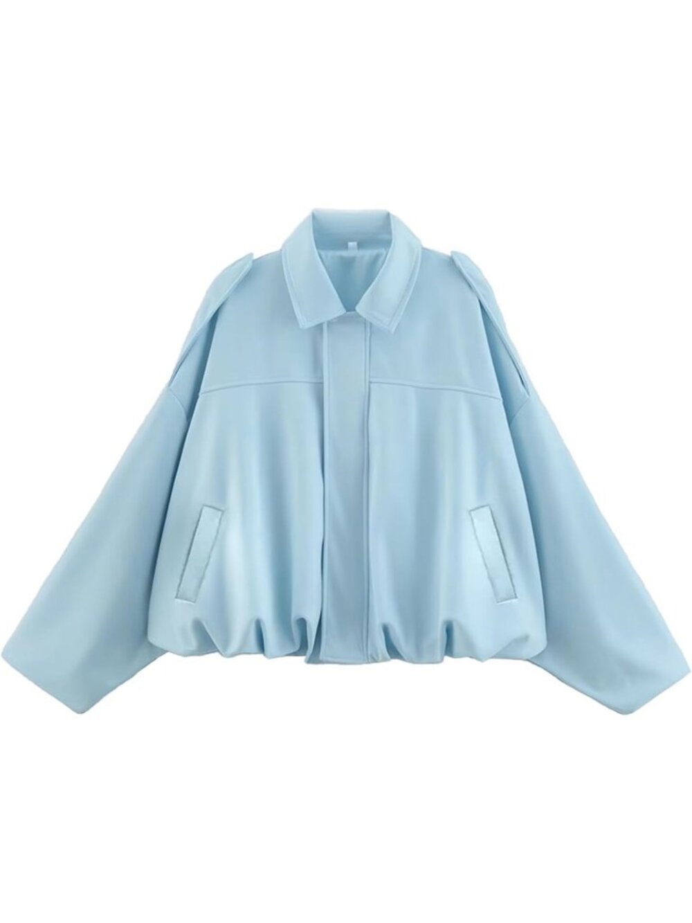 Women's Blue Faux Suede Oversized Collar Cropped Batwing Sleeves Bomber Jacket